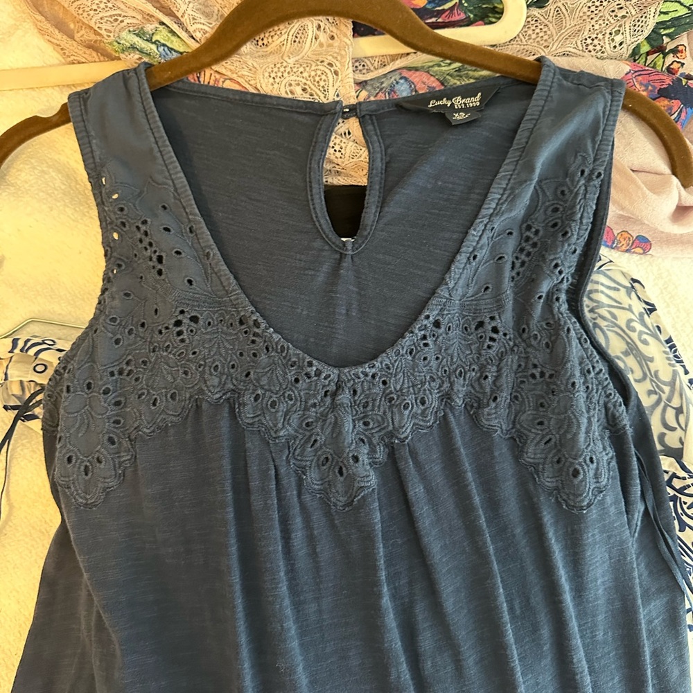 Lucky Brand Embroidered Blue Sleeveless Top